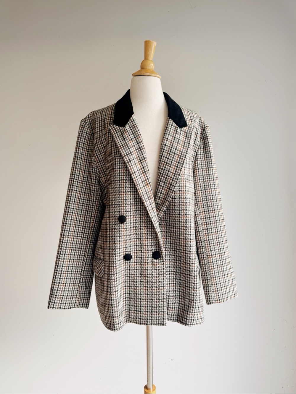 Vintage Debenhams Wool Blend Blazer Houndstooth Plaid Double Breasted Jacket